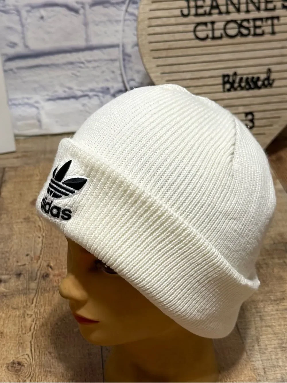 Adidas White Cream Trefoil Knit Beanie Winter Hat Black Embroidered OSFM
